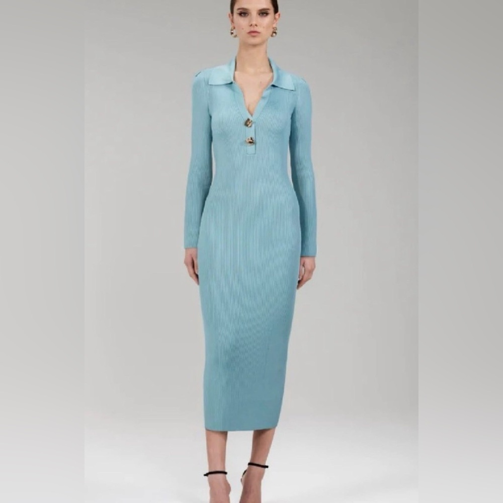 Self Portrait Ribbed Knit Blue Dress